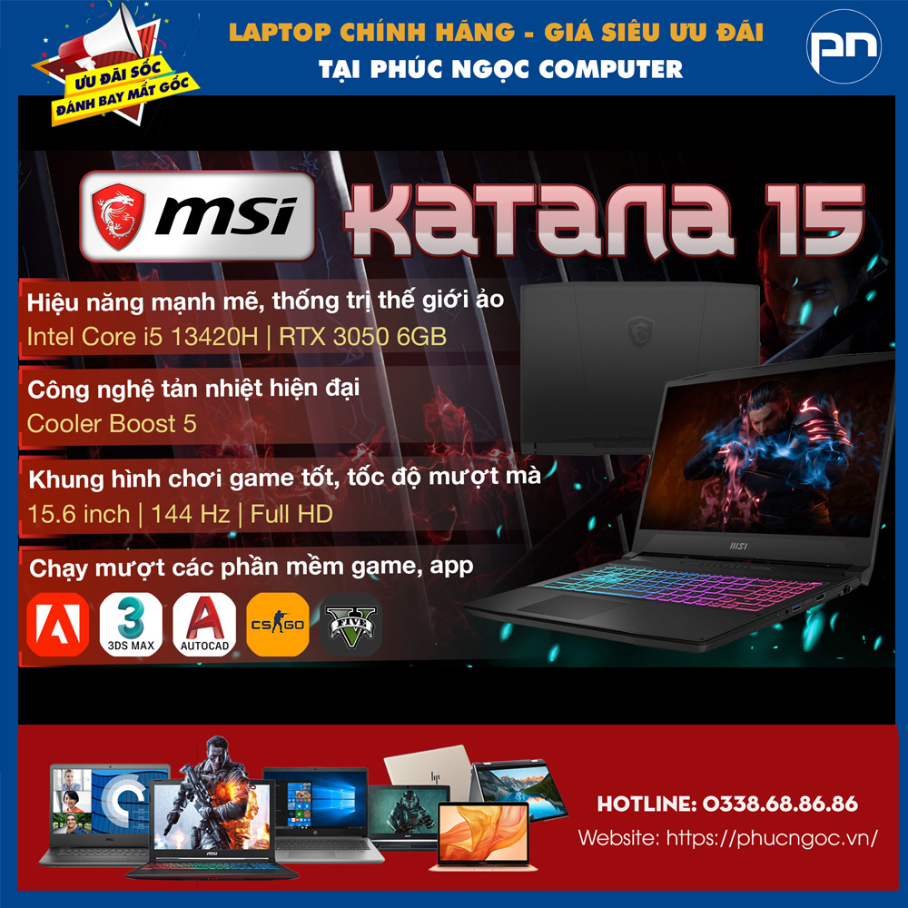 Laptop MSI Katana 15 B13UDXK-2410VN (Intel Core i5-13420H | RTX 3050 6GB | 15.6 inch FHD 144Hz | 16GB | 512GB | Win 11 | Đen)